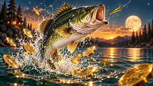 Großer Bass springt mit goldenen Münzen aus einem See